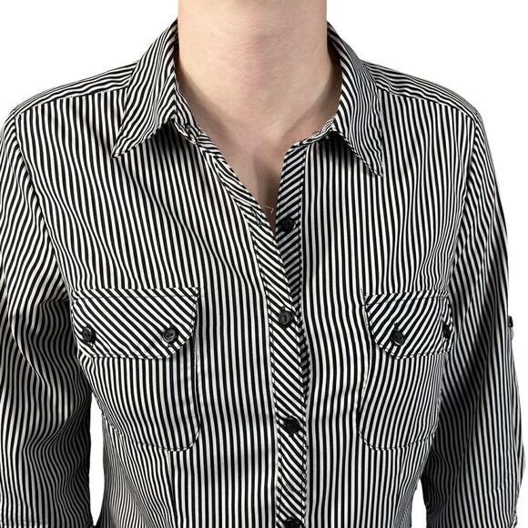 Notations Womens Black and White Striped Roll Tab Sleeve Button Shirt - Picture 6 of 7